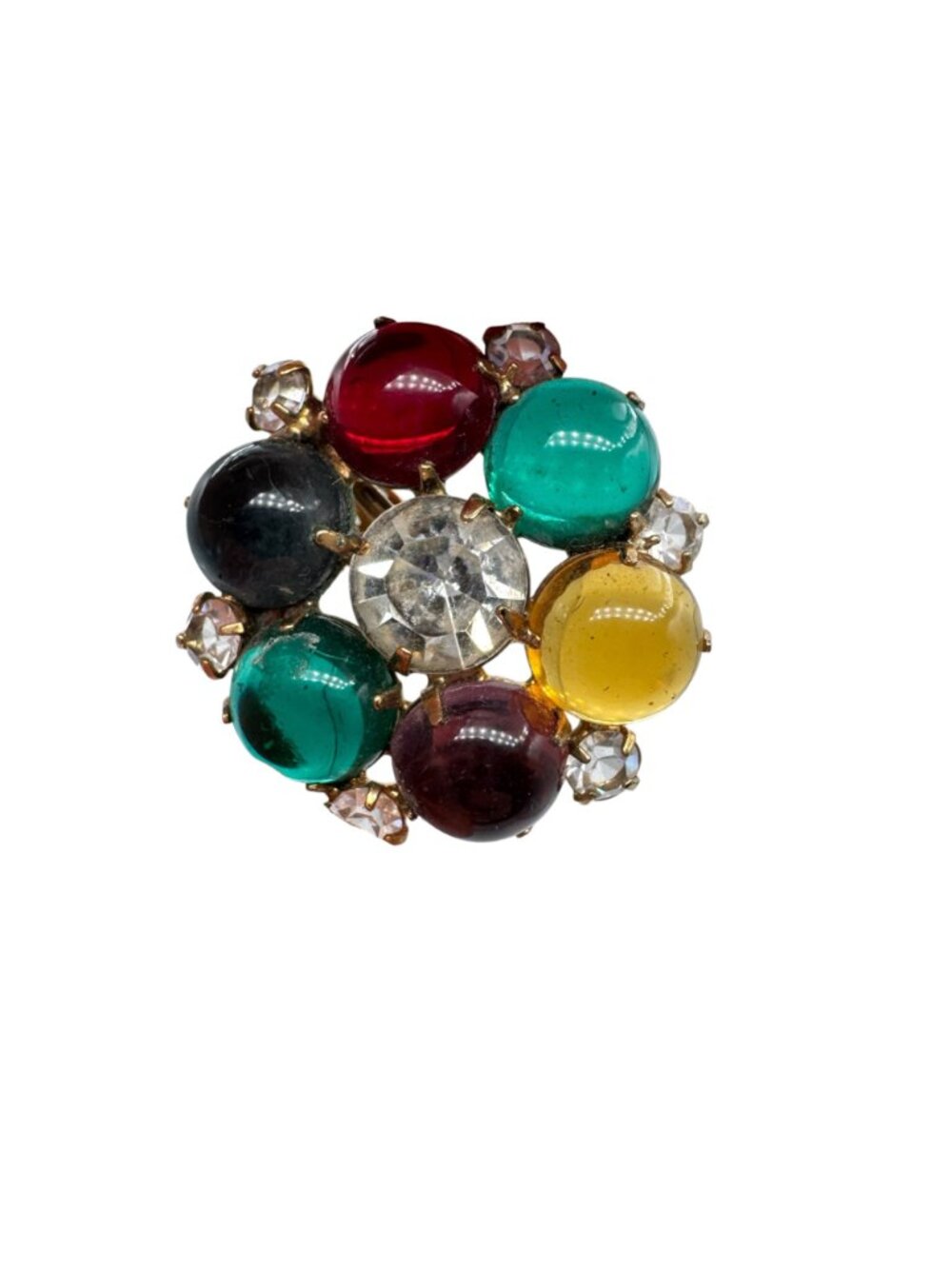 Vintage Fruit Salad Cluster Earrings Clip Multi-Color Glass Prong Set Gold Tone - Picture 6 of 11